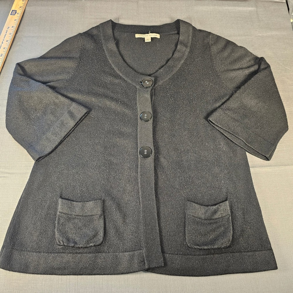 Carolyn Taylor Black Button Front Cardigan Sweater 3/4 Sleeve Pockets Size‎ L
